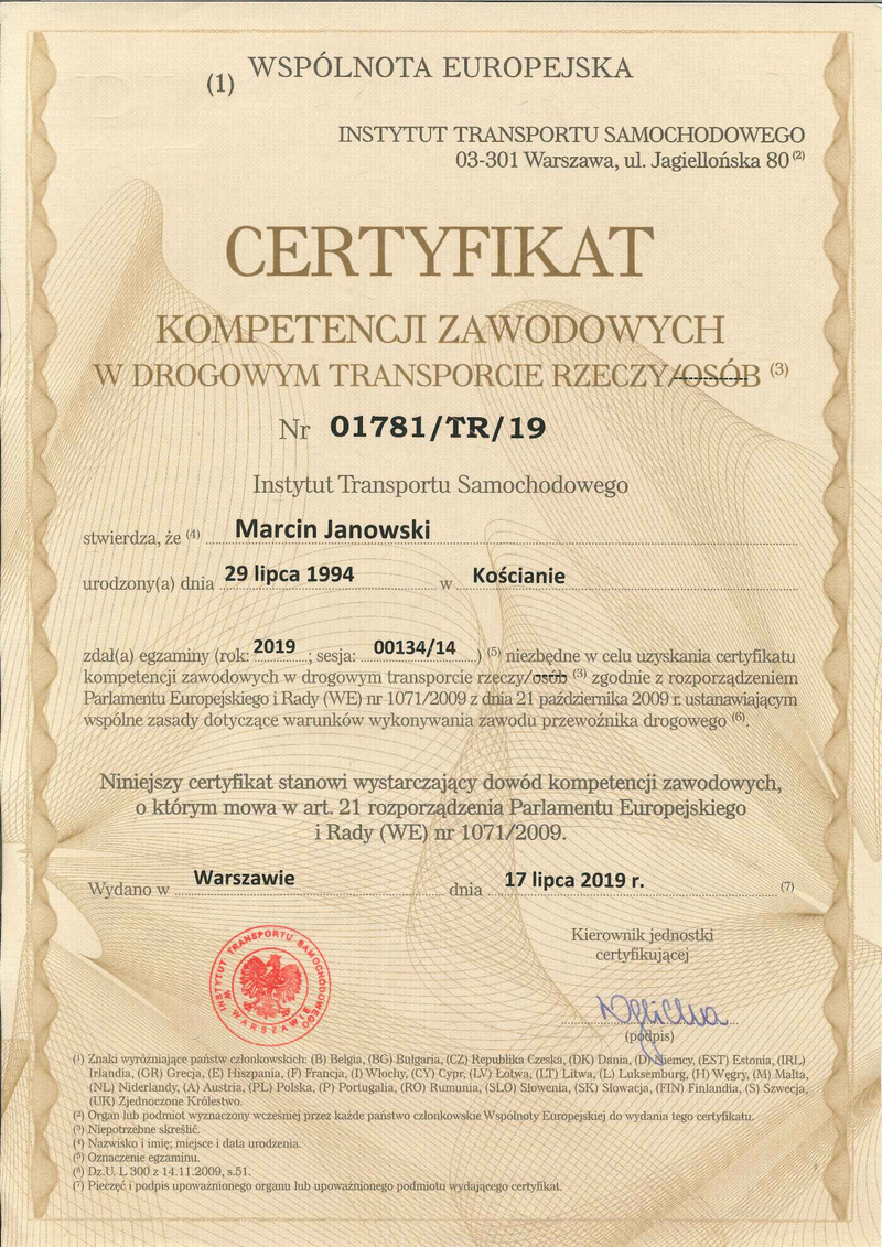 Certyfikat Kompetencji Transportowych